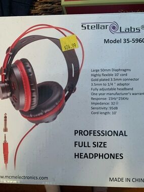 Stellar Labs Red & Black Professional Full Size Headphones